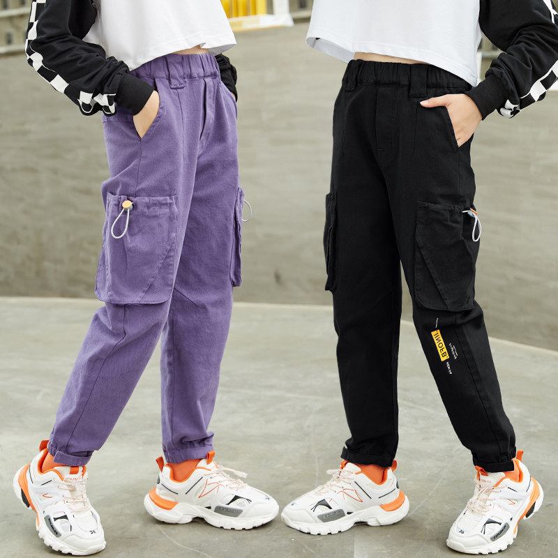 Girls overalls spring and autumn middle and big children loose casual pants children's black pants 12 years old autumn outer wear trousers trend