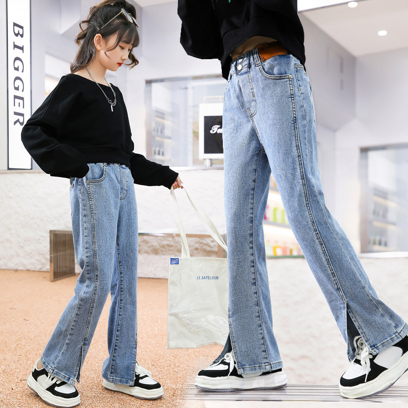 Girl's Open Fork Jeans 2022 Spring Summer CUHK Tong Han Edition Swarm up Thin Horn Pants Spring Autumn Long Pants Tide