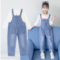 Girl Back Belt Pants Suit 2021 Spring Dress CUHK Boy Denim Pendant With Pants Children Striped T-shirt Two Sets Thin