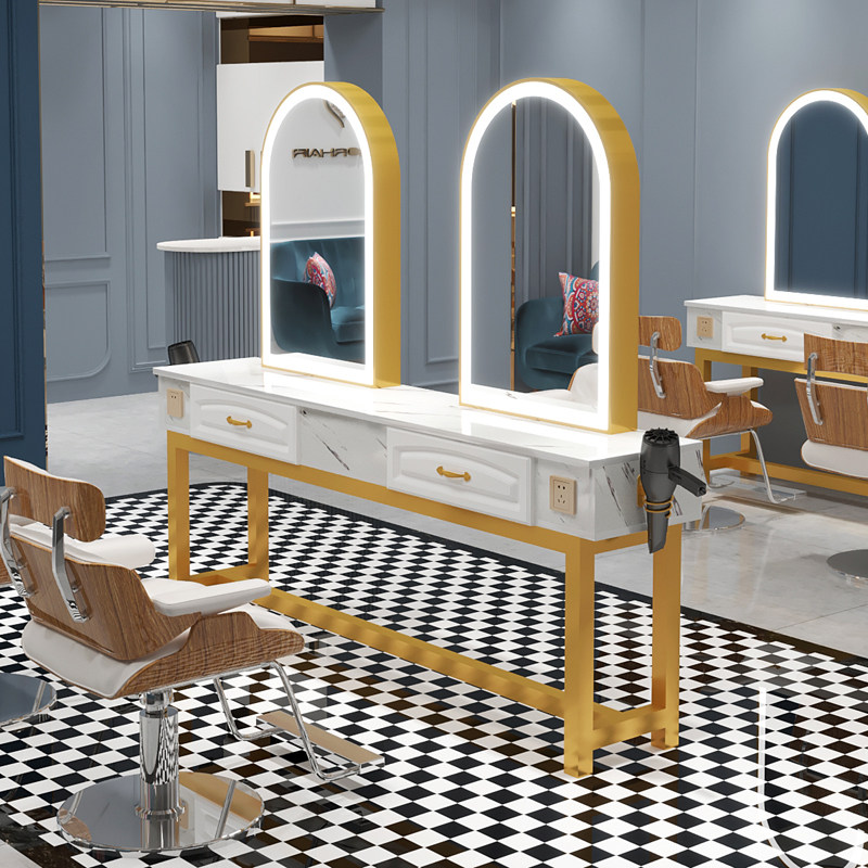 Net Red Hairdressers Beauty Mirror Desk Hair Salon Special Desk Cabinet Stainless Steel Frame Integrated LED Lights Bronzing Landing Brief