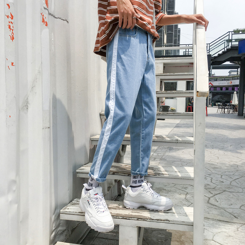 Spring and summer striped jeans male students loose Korean version of the wild bf style 9 nine pants trend ulzzang pants