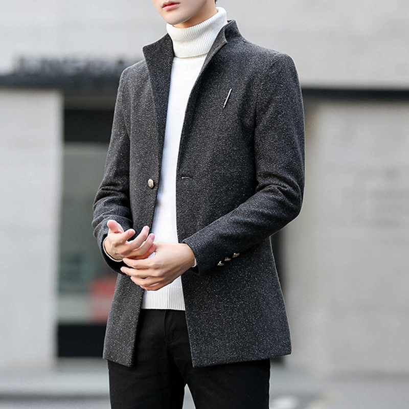 Windbreaker men's mid-length Korean version of the slim woolen coat trend autumn and winter men's plaid men's handsome woolen coat