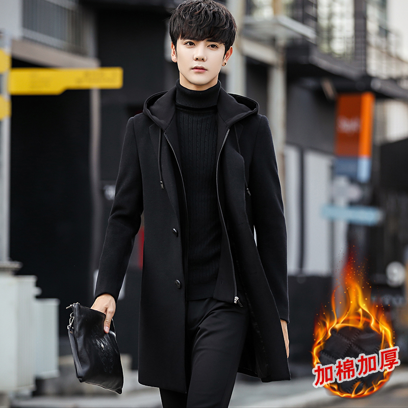 Autumn winter wool Big coat men's medium long version Korean version Trend Lianhood Hooded Subcoat Men's Wind Clothes 2021 new