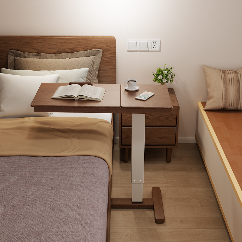 Dongmu Solid Wood Bedside Table with Wheels, Movable and Adjustable Height, Laptop Desk, Sofa Side Table, Small Bed Table