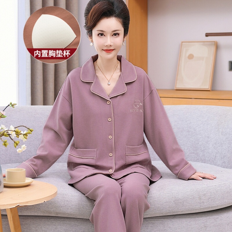 Women's Thermal Pajamas with Chest Pads for Autumn and Winter, Long-Sleeved Wool Fleece Thickened Warm Loungewear Set for Middle-Aged and Elderly Mothers