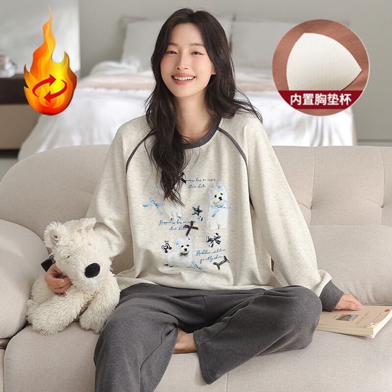 Women's Thermal Pajamas with Chest Pads, Autumn and Winter Long-Sleeved Cashmere Silk Warm and Heat-Generating 2025 Loose-Fitting Loungewear Set