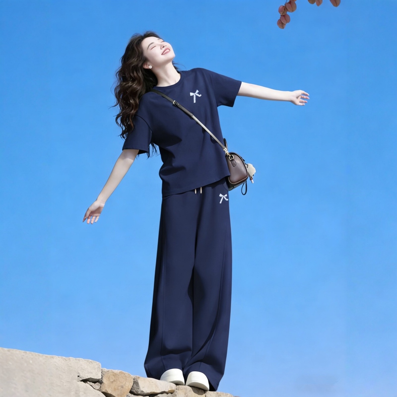 Pure Cotton Sportswear Suit for Women, Summer Student Korean Style, Loose and Slimming, Short-Sleeved Long Pants, Casual Two-Piece Set, Running Trend