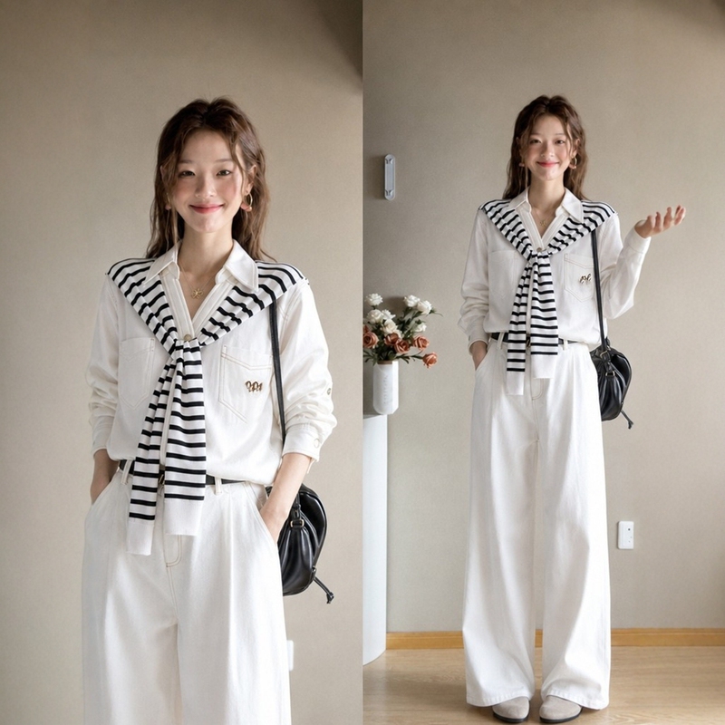 A Very Stylish and Sophisticated Outfit: a Complete Set for Women in Autumn, Including a White Denim Shirt and Wide-Leg Pants, a Casual Two-Piece Set A Very Stylish and Sophisticated Outfit: a Complete Set for Women in Autumn, Including a White Denim Shirt and Wide-Leg Pants, a Casual Two-Piece Set