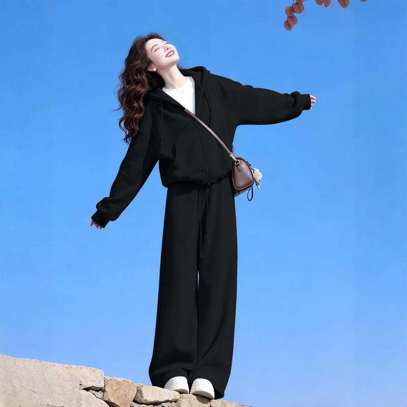 Pure Cotton Sportswear Suit for Women, Spring Loose Fit, Slimming Korean Style Student Sweatshirt, Wide-Leg Pants, Casual Two-Piece Set for Running