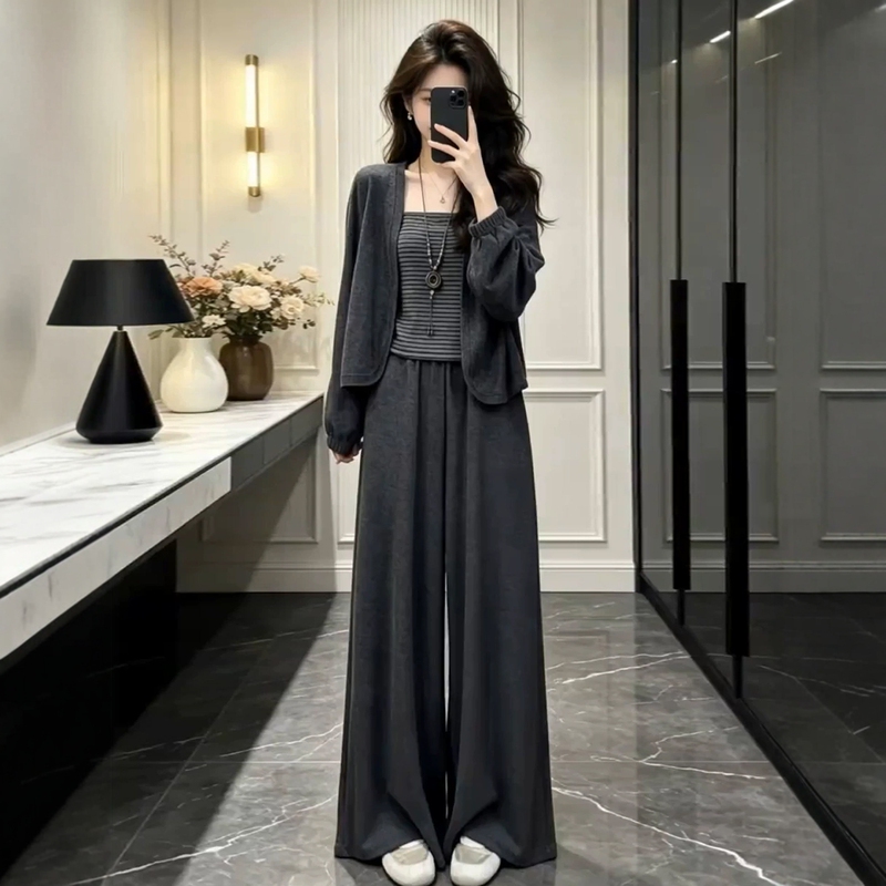 Very Stylish Outfit: a Complete Sports Suit for Women, Early Autumn Cardigan, Camisole Top, Wide-Leg Pants, Casual Three-Piece Set Very Stylish Outfit: a Complete Sports Suit for Women, Early Autumn Cardigan, Camisole Top, Wide-Leg Pants, Casual Three-Piece Set