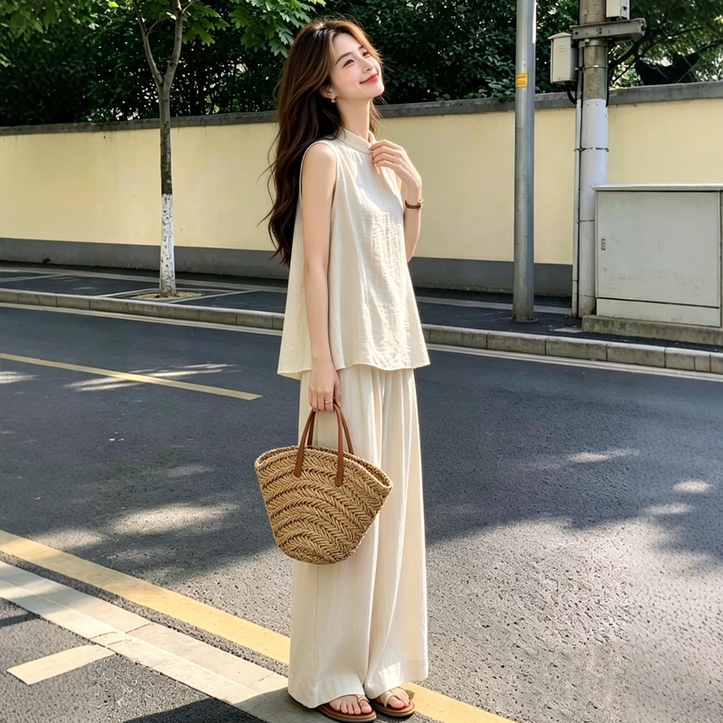 Lazy Style Sports Suit for Women in Summer, Loose and Slimming, Fashionable Cotton and Linen Sleeveless Top, Wide-Leg Pants, Casual Two-Piece Set