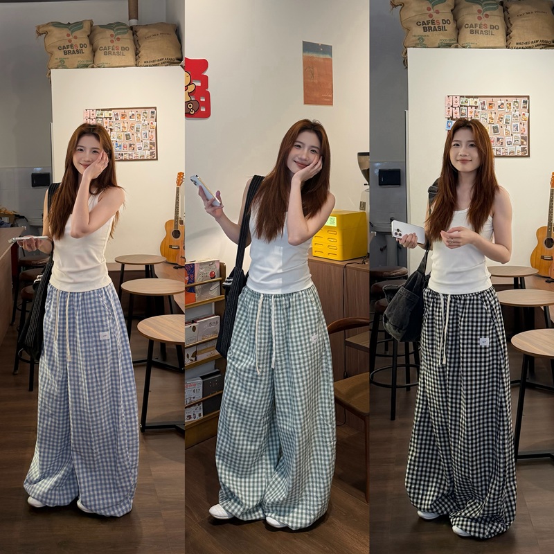 Youyu Summer Thin Pure Cotton Plaid Pants Loose Drape Casual Floor-Length Wide-Leg Pants Women's Lazy Casual Home Pants