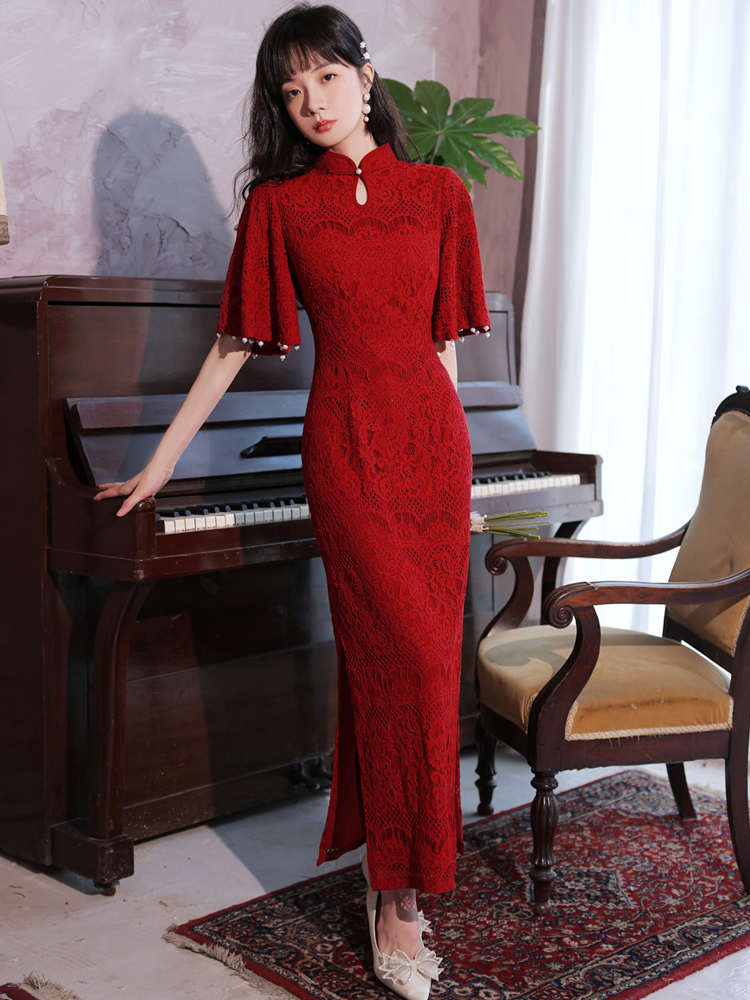 Red evening dress, spring cheongsam for bride, 17 years Red evening dress, spring cheongsam for bride, 17 years