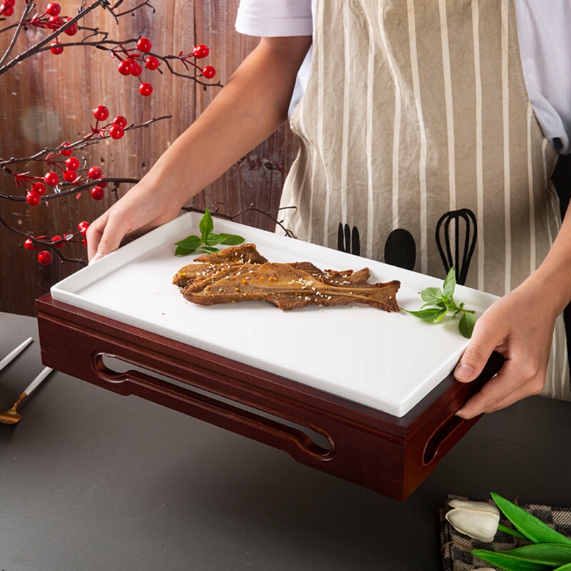 Hotel Chinese-Style Creative Ceramic Plates with Bamboo Accents, Rectangular Plain White Plates, Club Private Dining Combination Tableware