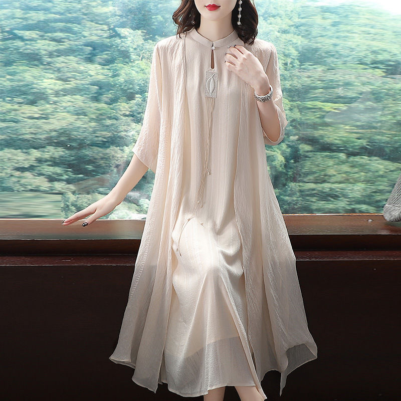 2021 spring and summer two-piece Hanfu long dress Chinese style women's retro temperament improved Cheongsam elegant dress women