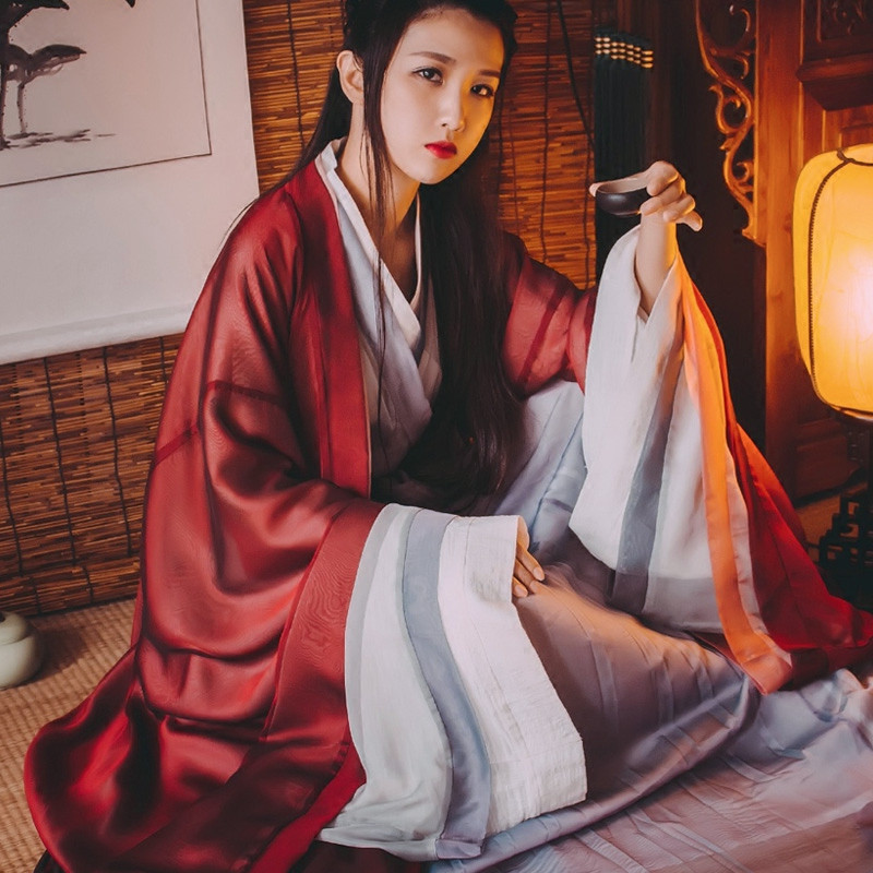 Wei Jin Wind Red Hanfu Women's Ancient Dress Daily China Wind Wide Sleeve Flow Fairy Dress Handed jacket Skirt Ancient Wind Suit Spring Autumn