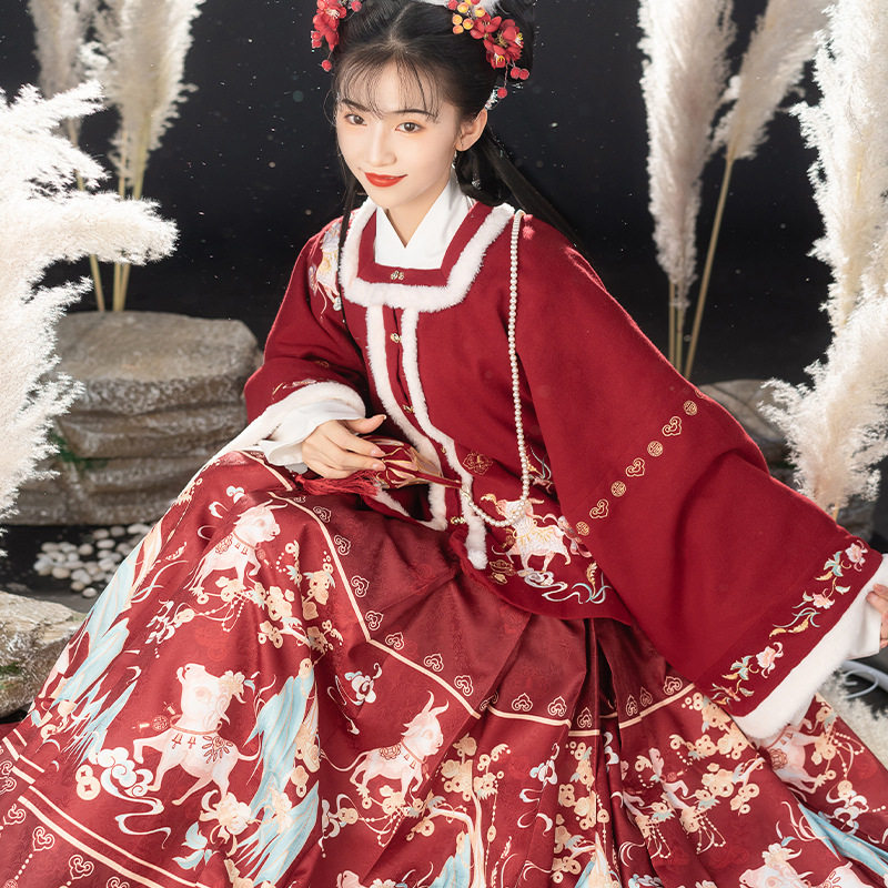 Original Winter Ming-made Han suit Women plus velvet thickened Chinese wind Chinese New Year Horse face dress ancient dress New Year's Eve suit