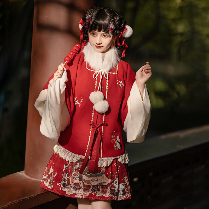 Original Ming-made Han suit woman plus suede thickened horseface skirt red short padded jacket China Wind Daily Han Elements ancient dress Winter