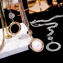 Hankyo European and American round brand sweater chain female long Joker pendant autumn and winter clothes pendant double-sided rotating titanium steel necklace