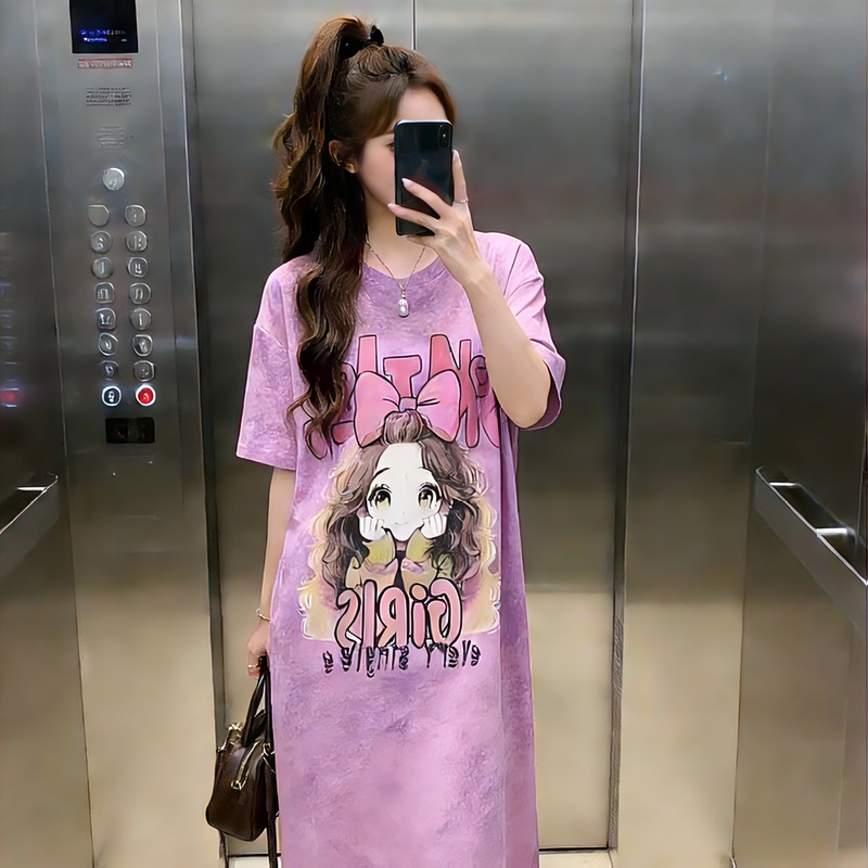 Spring and Summer Long Skirt, Knee-Length Straight Skirt, Long Korean Style Loose Casual Short-Sleeved T-Shirt Dress for Women, Lazy Style