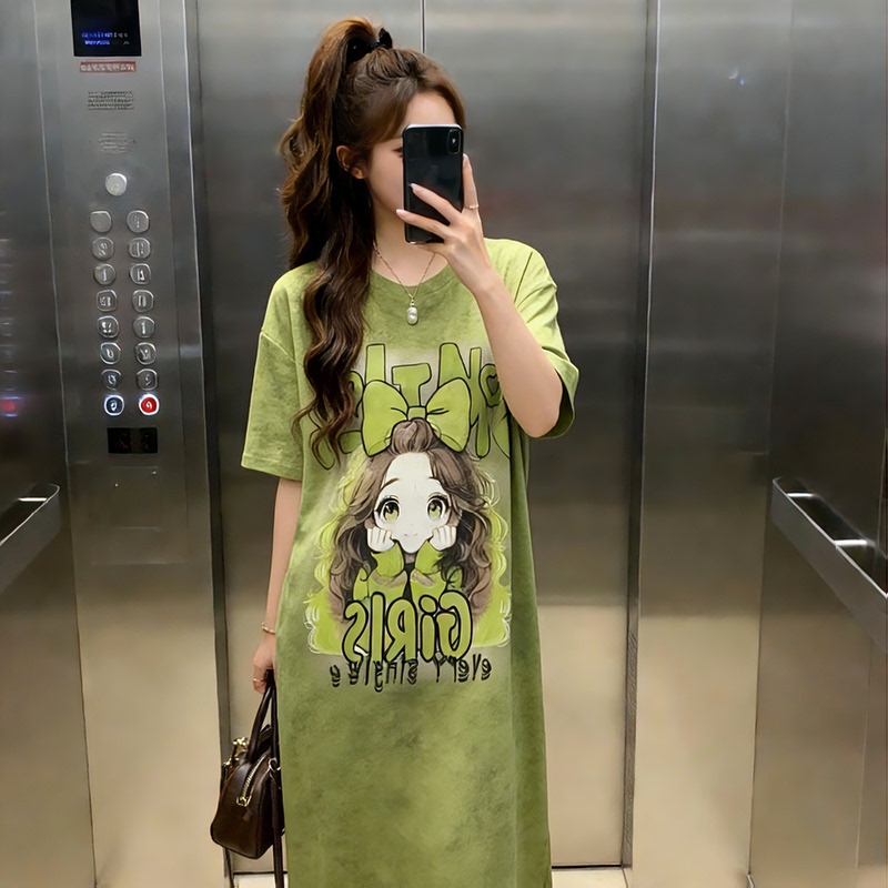 Spring and Summer Long Skirt, Knee-Length Straight Skirt, Long Korean Style Loose Casual Short-Sleeved T-Shirt Dress for Women, Lazy Style