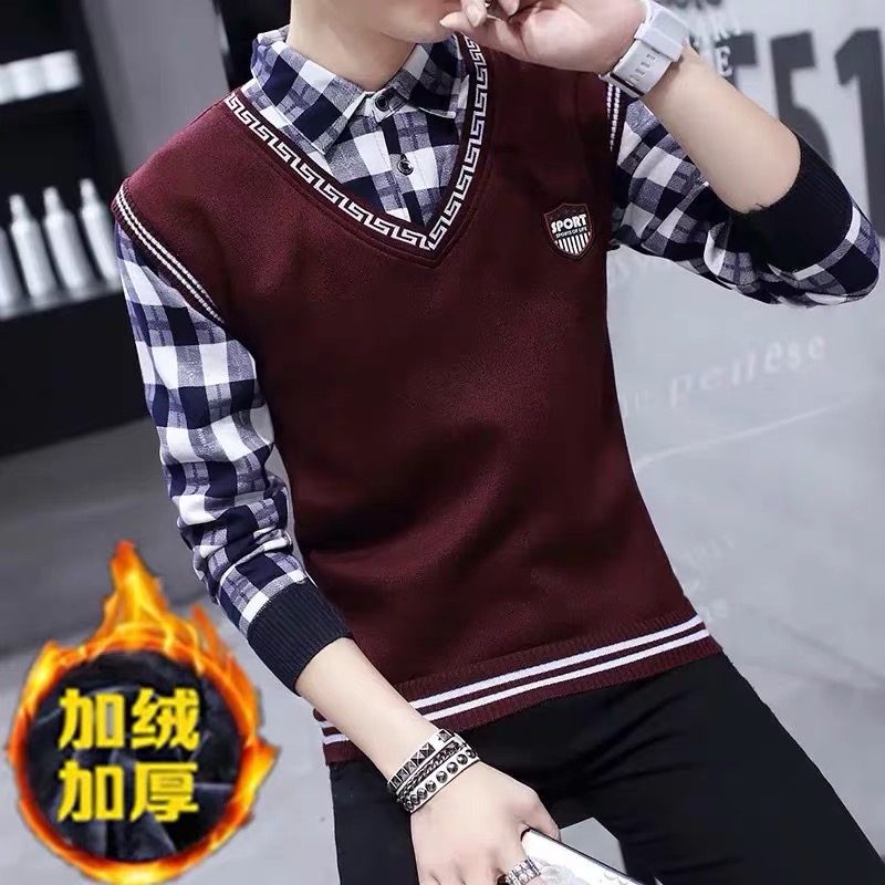 Thu kỳ nghỉ hai mảnh phiên bản Hàn Quốc cổ áo sơ mi áo len nam có chì knitsweater áo len quần áo mùa thu mỏng.