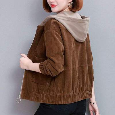 灯芯绒短外套女秋季韩版大码宽松连帽上衣