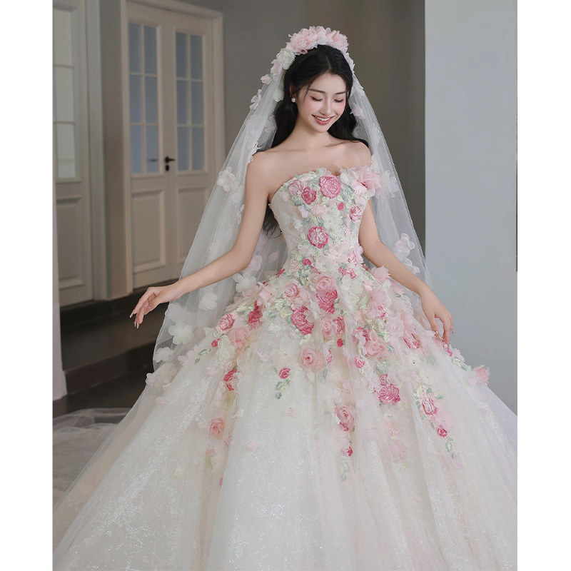 Свадебное платье-топик 2025 new bride, маленькая французская легкая основная пряжа, высококачественная текстура Monet garden pink rose
