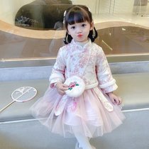 Girls Hanfu winter Tang suit Chinese style childrens fake two pieces foreign style fashionable 2022 new years greetings dress princess dress