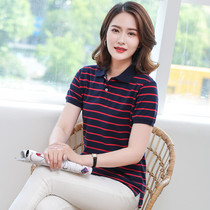 Striped short sleeve T-shirt female Korean version of slim summer coat cotton wild 2020 New lapel collar polo shirt size