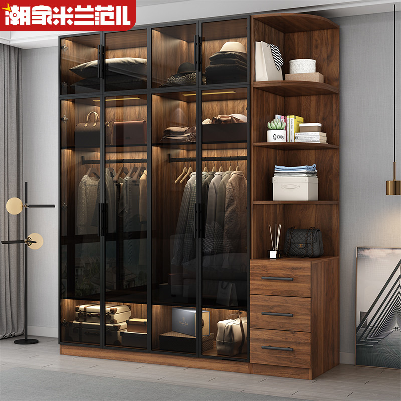 Light luxury wardrobe glass door custom modern minimal household cloakroom cabinet combined Nordic wooden closet