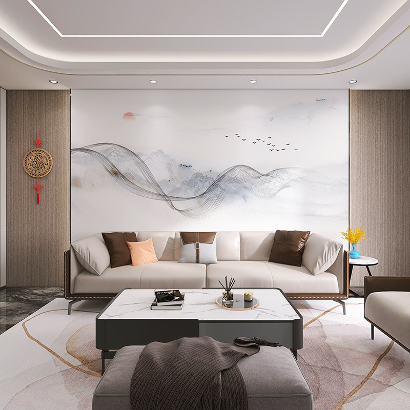 New Chinese wood-wood fiber integrated wall panel TV background wall Living room Abstract landscape painting Water ink line Nursing wall