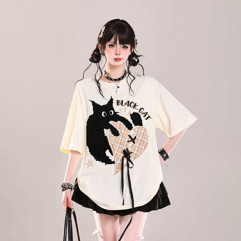 American-Style Sweet and Cute Cartoon Print Short-Sleeved T-Shirt for Women, Summer Wear, Stylish Design, Loose Fit, Super Popular and Good-Looking Top