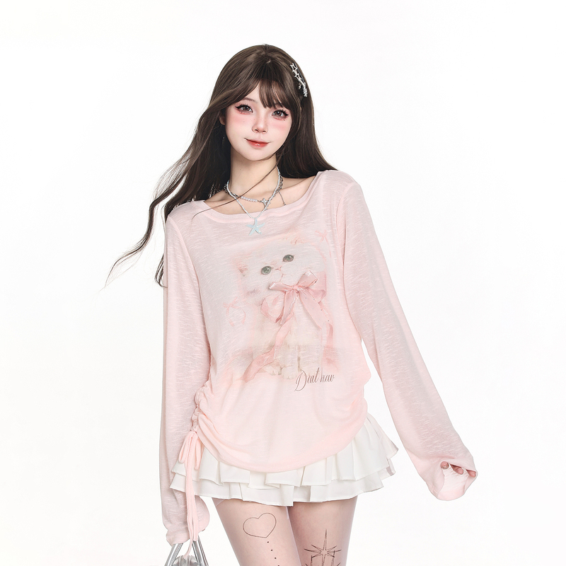 Korean Style Lazy Chic Sweet Cat Print Blouse Long-Sleeved T-Shirt for Women Spring and Summer Outfit Design Sheer Top