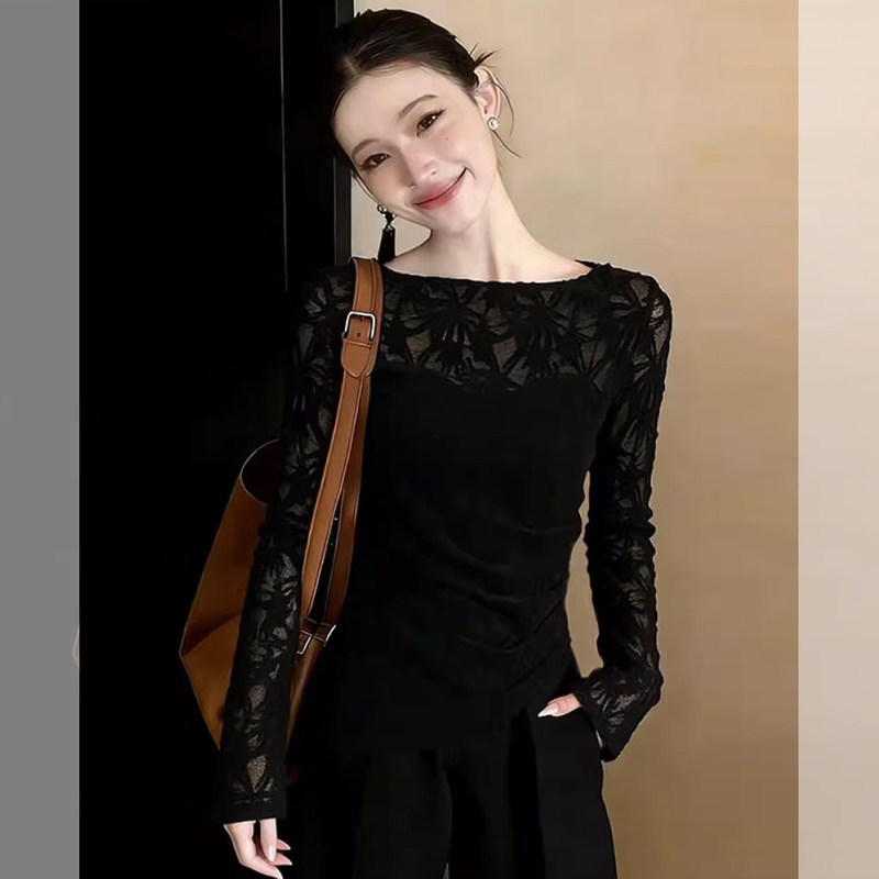 Lace Splicing Black T-Shirt Top for Women, 2026 Spring New Style, Stunningly Beautiful and Attractive, Perfect as a Base Layer Top