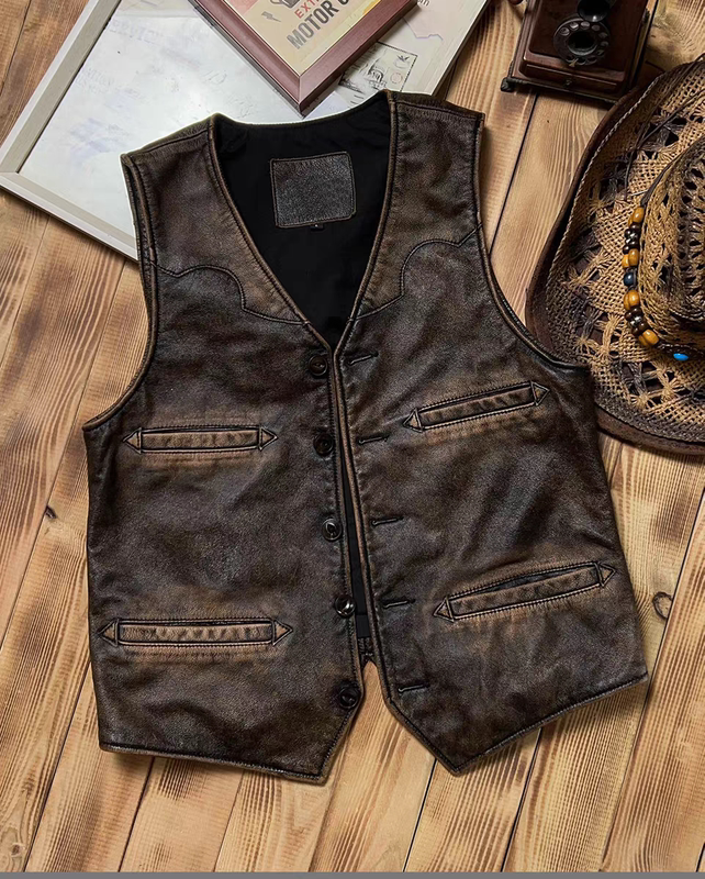2025 New Slim-Fit V-Neck Leather Vest American Casual Retro Distressed Leather Waistcoat Men's Spring and Autumn Jacket 2025 New Slim-Fit V-Neck Leather Vest American Casual Retro Distressed Leather Waistcoat Men's Spring and Autumn Jacket