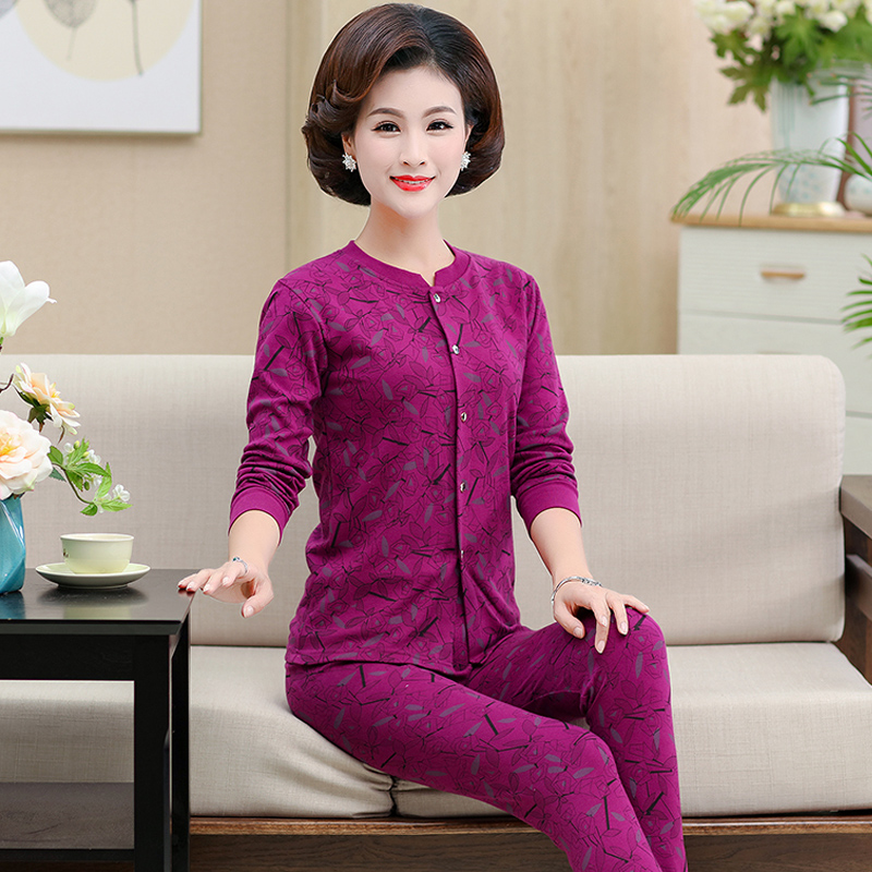 người trung niên và người già bông mở cardigan ấm đồ lót womens bông lớn sân cardigan quần mùa thu mỏng quần bông áo len set.