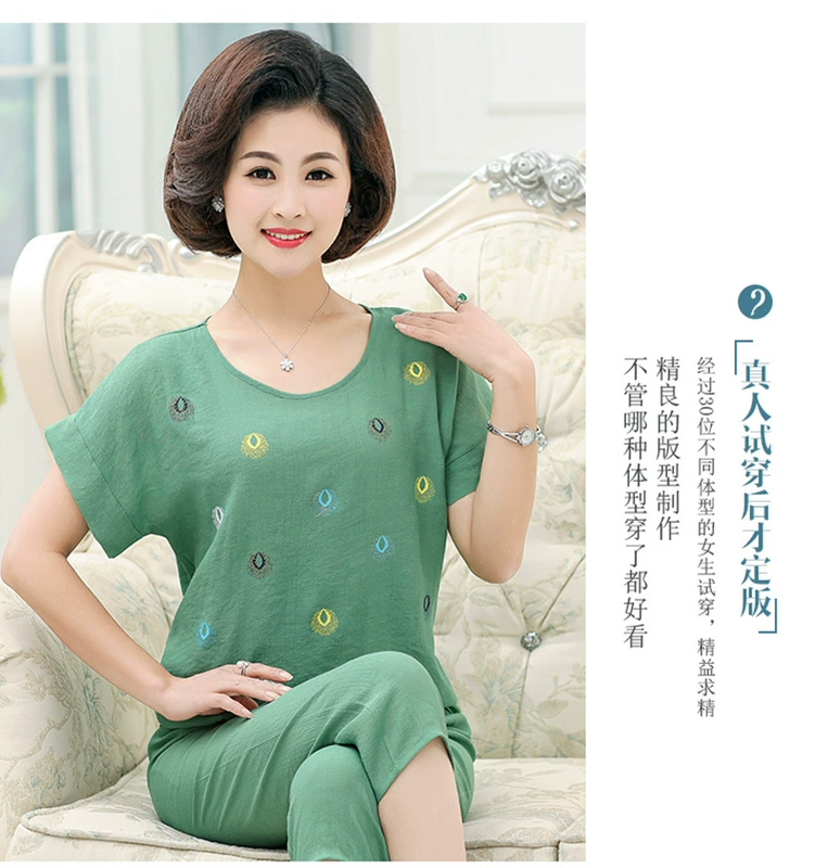 Mùa hè đồ ngủ nữ cotton ngắn tay cotton và linen trung niên mẹ kích thước lớn mùa hè quần áo cotton cũ dịch vụ nhà phù hợp với