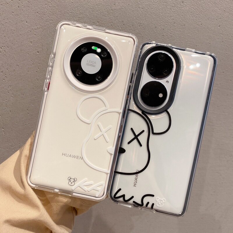 Tide brand bear suitable for Huawei mate40pro mobile phone protective shell ins wind transparent mate40epro black and white anti-fall three-in-one mt30por couple models glory 50