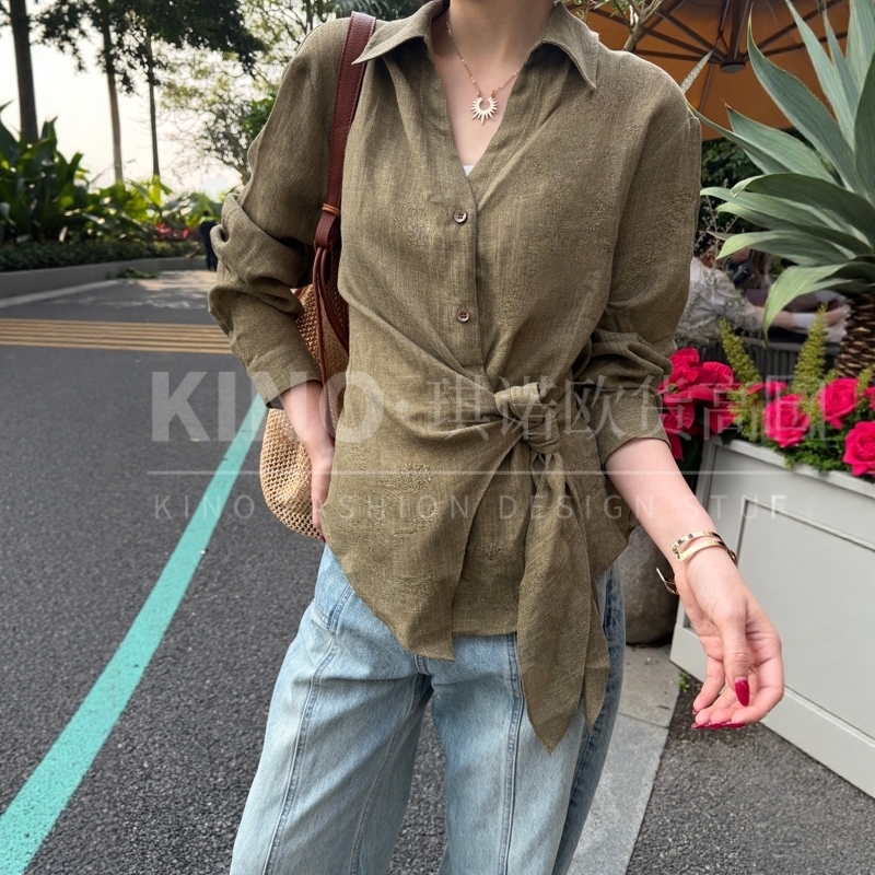 Authentic European Goods 2026Qj Spring Design Stylish Lapel Old Money Style Tie-Waist Slimming Linen Shirt Top for Women