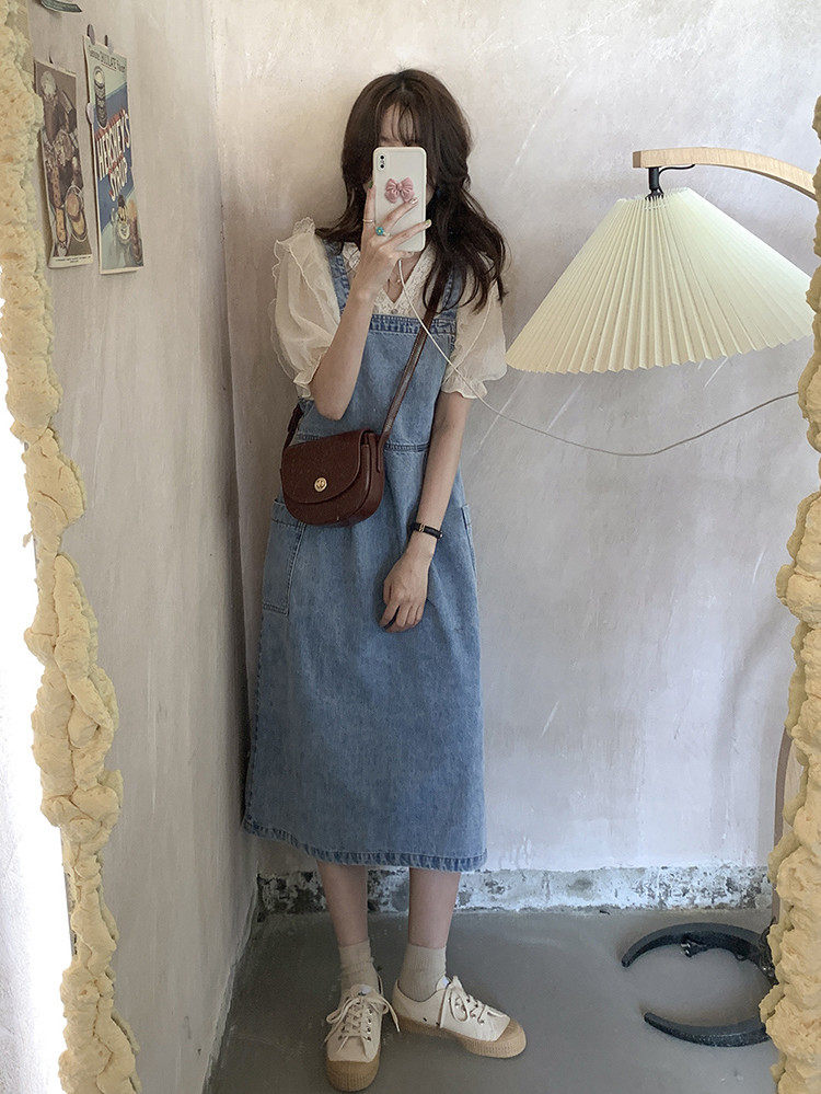 2021 summer new sweet cool salt fried street age-reducing socialite short-sleeved denim baby bag dress women's two-piece suit