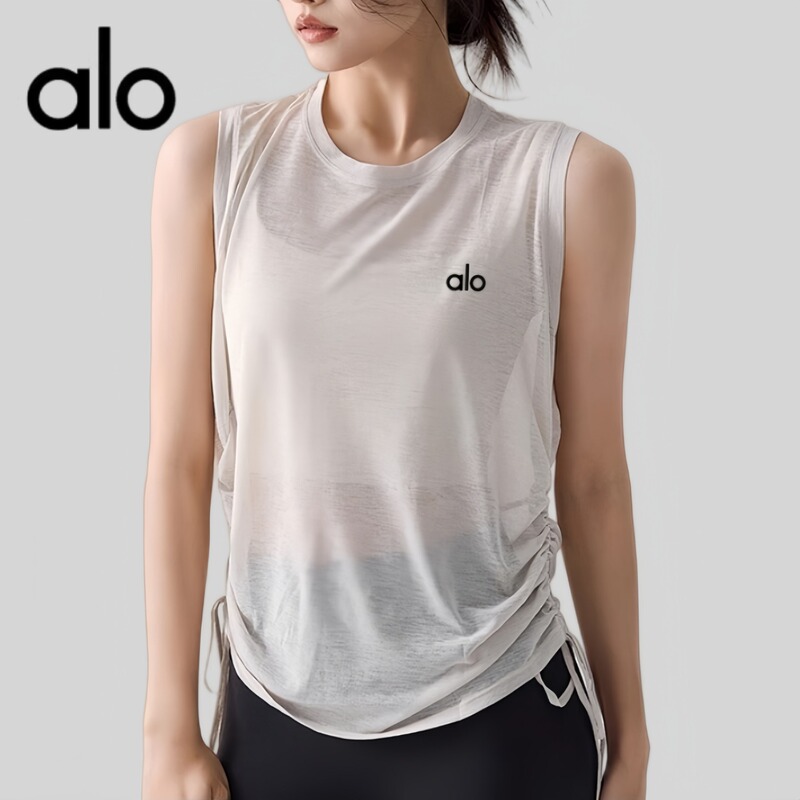 Aio Bamboo Yarn Breathable Yoga Vest for Women, Loose Round Neck Sleeveless Sports Top with Drawstring Hem Yoga Cover-Up