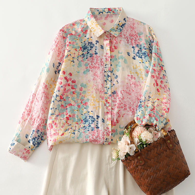 Retro Nostalgic Hong Kong Style Printed Cotton and Linen Long-Sleeved Shirt for Women, Spring Thin Large Size Loose Ramie Style Versatile Top