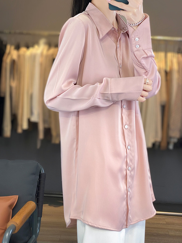 French-Style High-End Acetate Satin Polo Collar Shirt, Feminine and Elegant, Waist-Cinching Mid-Length Suit Dress