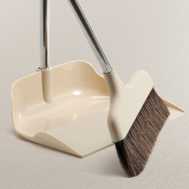 Household Bristle Broom and Dustpan Set, Boar Bristle and Horsehair Broom Combination, Non-Stick Hair, Side-Dumping Dustpan