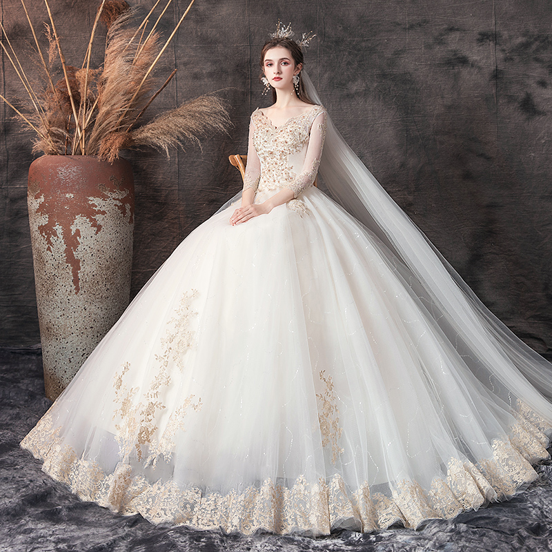 French main wedding dress 2023 new bride, small long -sleeved pregnant woman luxury heavy gonggong light yarn high -level texture French main wedding dress 2023 new bride, small long -sleeved pregnant woman luxury heavy gonggong light yarn high -level texture