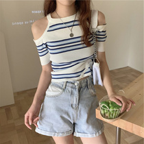 Gentle style sweet off-shoulder sweater for women summer new slim fit versatile striped retro chic short-sleeved top