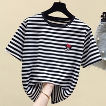 Korean cotton black and white striped short sleeve T-shirt female 2021 summer New loose Joker round neck slim coat tide