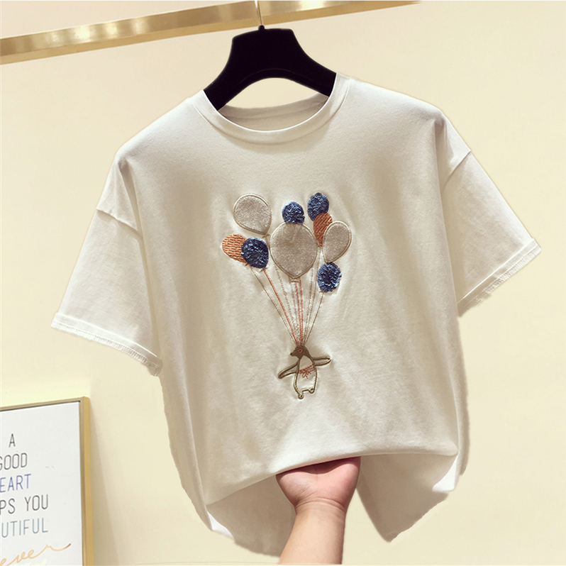 Mercerized cotton T-shirt women's 2022 summer new Korean version loose candy color embroidery all-match short-sleeved cotton top women