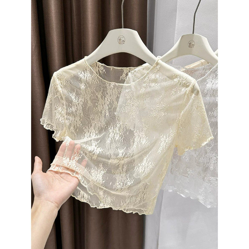 Apricot-Colored Sheer Lace Base Shirt for Women, Summer Camisole Dress Inner Layer, Short-Sleeved T-Shirt, Short Sexy Mesh Top, Thin